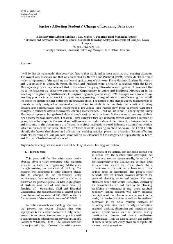 (PDF) Factors Affecting Students’ Change of Learning Behaviour