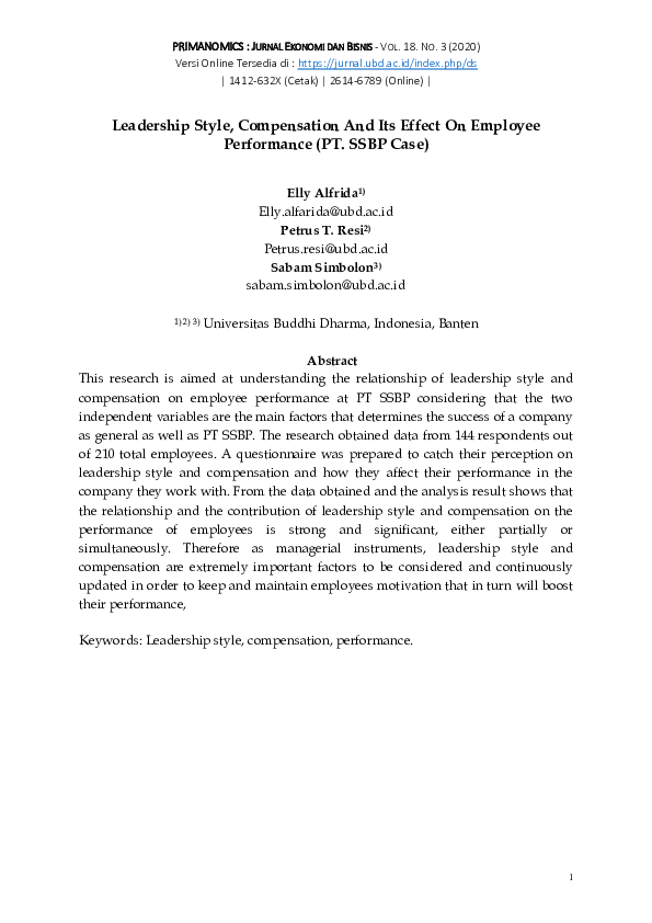 (PDF) Leadership Style, Compensation And Its Effect On Employee ...