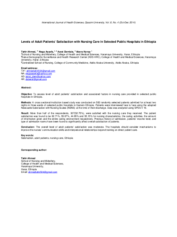 (PDF) Levels of Adult Patients' Satisfaction with Nursing Care in ...