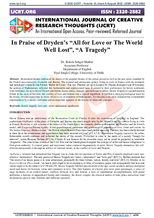 (PDF) In Praise of Dryden's "All for Love or The World Well Lost", "A
