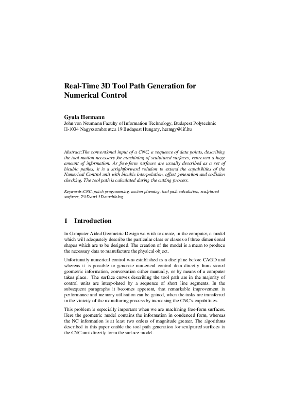 (PDF) Real-Time 3D Tool Path Generation for Numerical Control