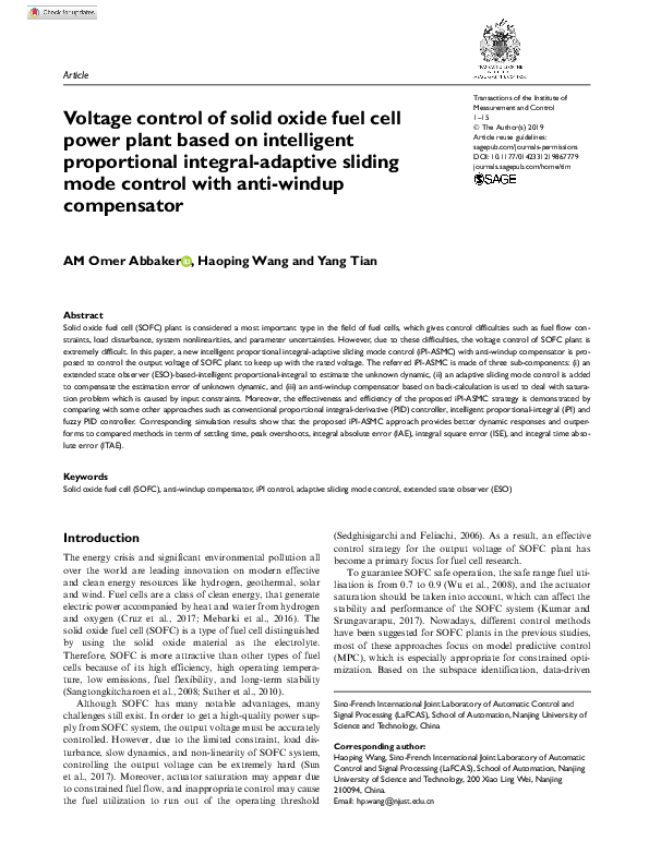 (PDF) Voltage control of solid oxide fuel cell power plant based on ...