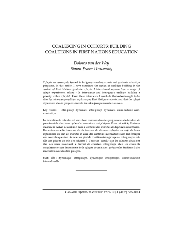 (PDF) Coalescing in Cohorts: Building Coalitions in First Nations Education