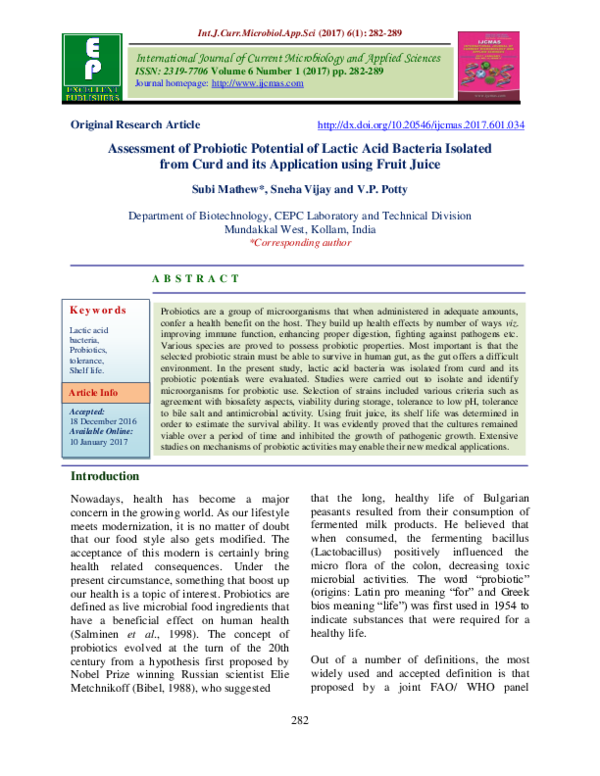 (PDF) Assessment of Probiotic Potential of Lactic Acid Bacteria ...