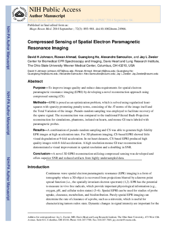(PDF) Compressed sensing of spatial electron paramagnetic resonance imaging