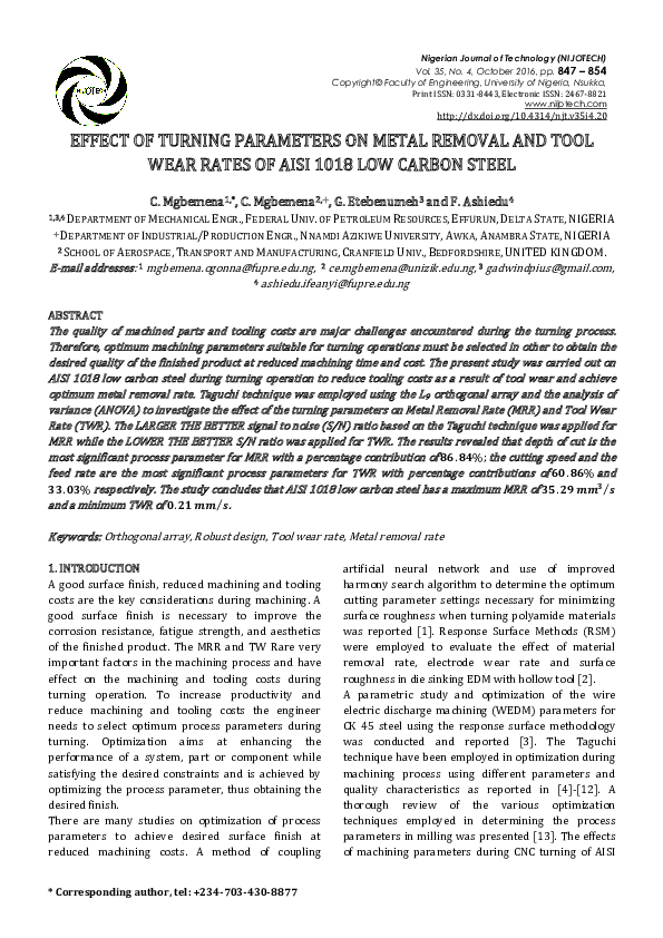 (PDF) Effect of Turning Parameters on Metal Removal and Tool Wear Rates ...