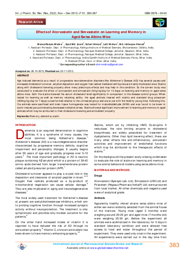 (PDF) Effects of Atorvastatin and Simvastatin on Learning and Memory in ...