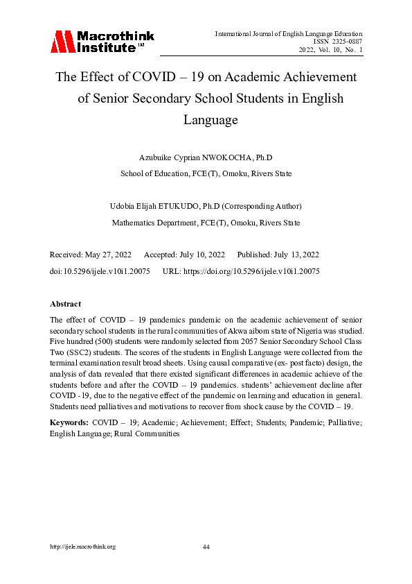 (PDF) The Effect of COVID – 19 on Academic Achievement of Senior ...