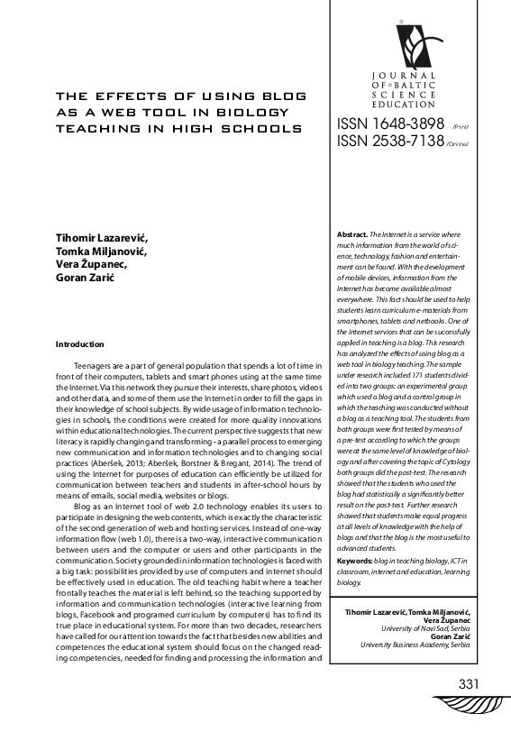 (PDF) The Effects of Using Blog as a Web Tool in Biology Teaching in ...