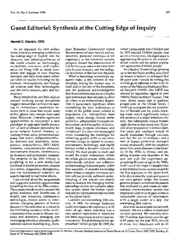 (PDF) Synthesis at the Cutting Edge of Inquiry Harold Slavkin