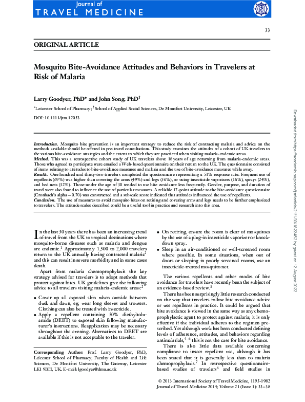 (PDF) Mosquito Bite‐Avoidance Attitudes and Behaviors in Travelers at ...