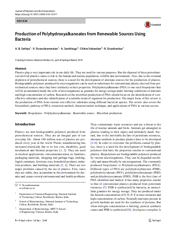 (PDF) Production of Polyhydroxyalkanoates from Renewable Sources Using ...
