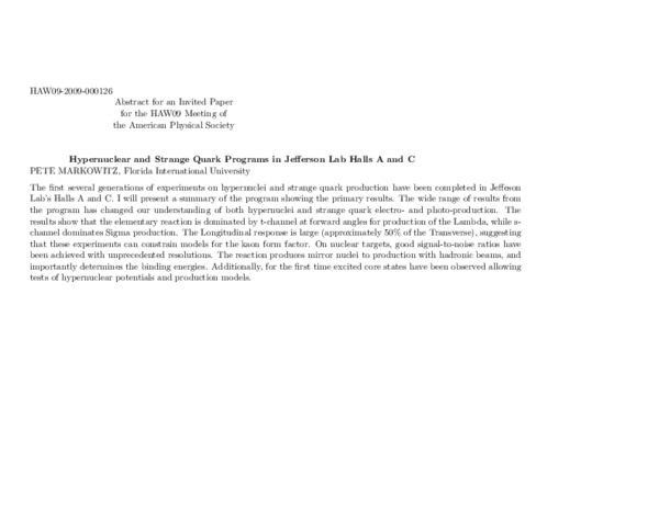 (PDF) Hypernuclear and Strange Quark Programs in Jefferson Lab Halls A ...