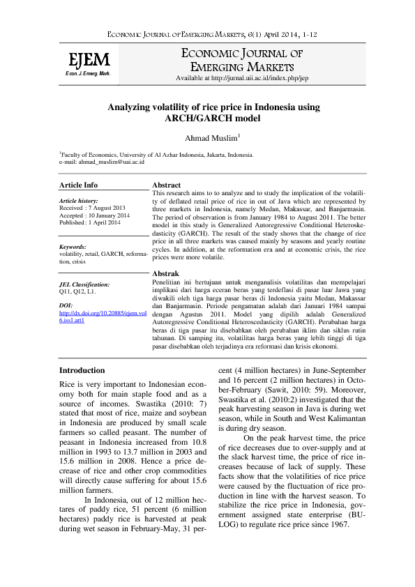 (PDF) Analyzing Volatility of Rice Price in Indonesia Using Arch/Garch ...