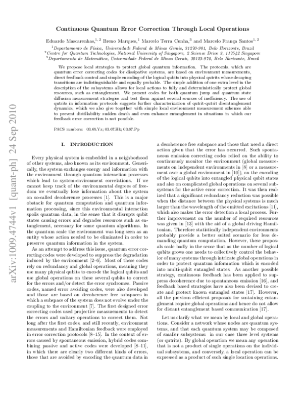(PDF) Continuous quantum error correction through local operations