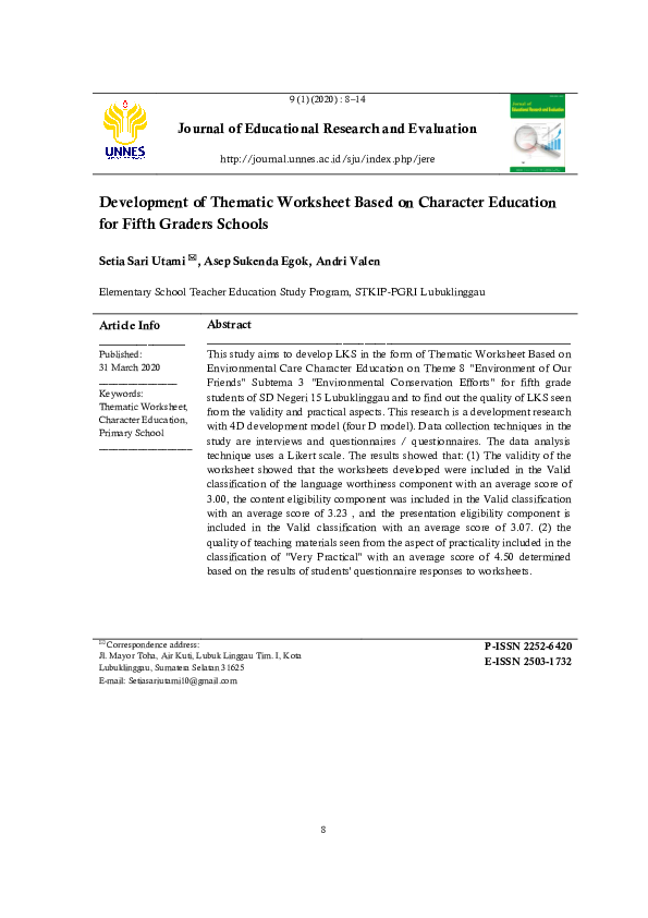 (PDF) Development of Thematic Worksheet Based on Character Education ...