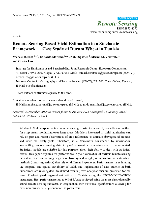 (PDF) Remote Sensing Based Yield Estimation in a Stochastic Framework ...