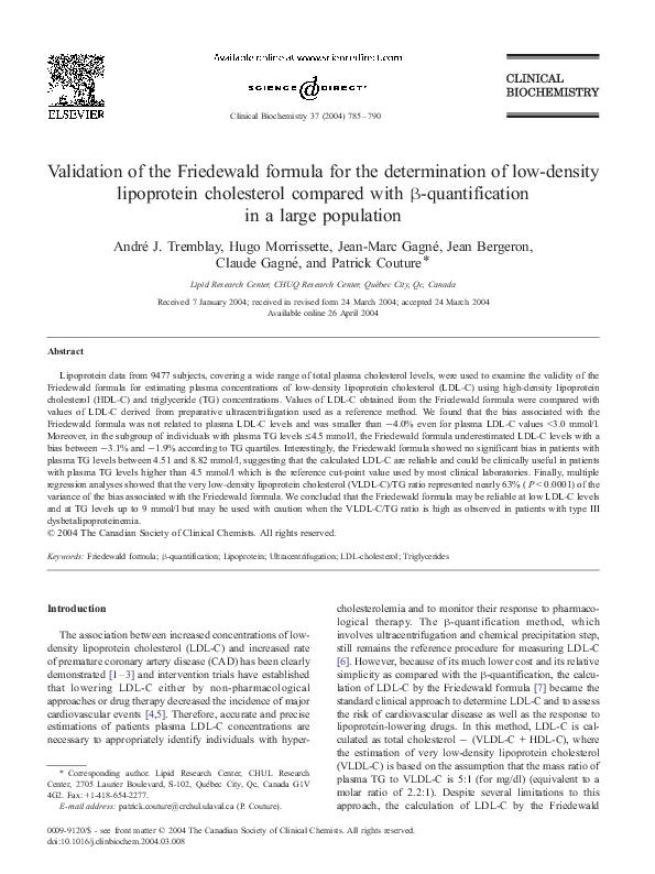 (PDF) Validation of the Friedewald formula for the determination of low ...