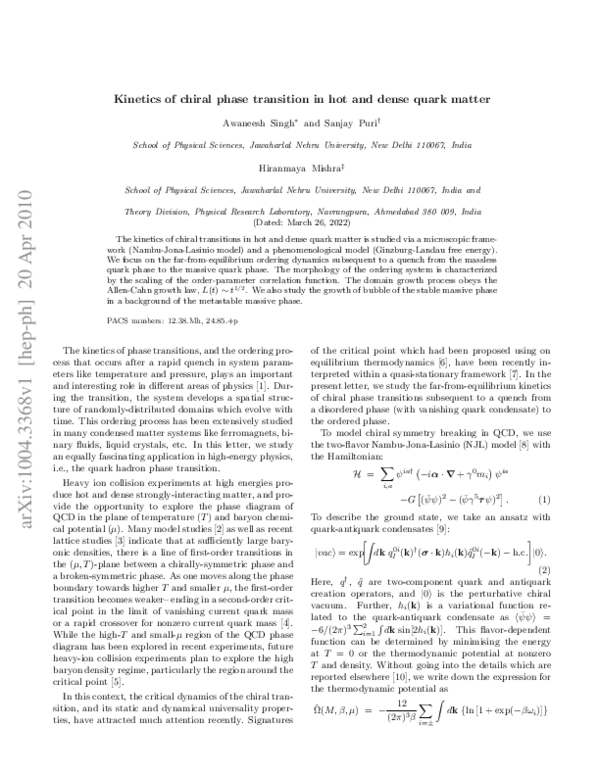 (PDF) Kinetics of chiral phase transition in hot and dense quark matter