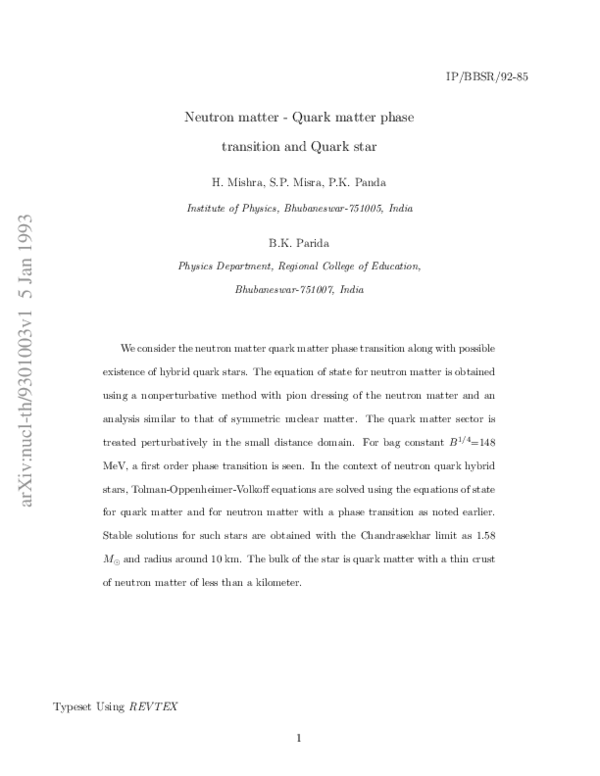 (PDF) Neutron Matter – Quark Matter Phase Transition and Quark Star