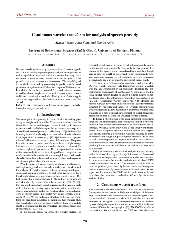 (PDF) Continuous wavelet transform for analysis of speech prosody