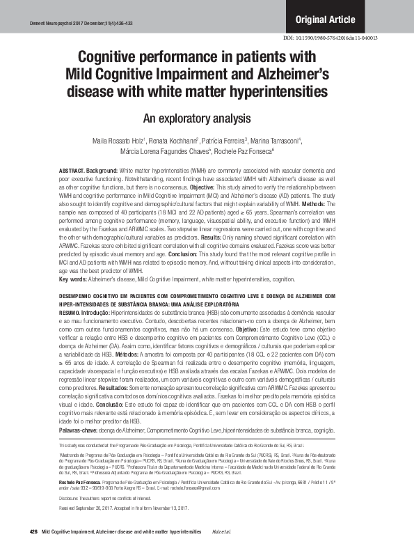 (PDF) Cognitive performance in patients with Mild Cognitive Impairment ...