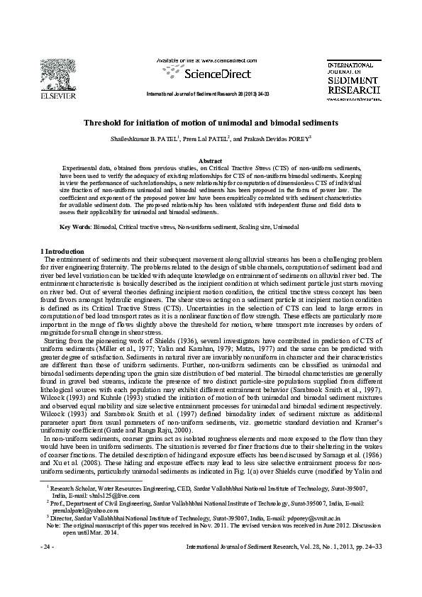 (PDF) Threshold for initiation of motion of unimodal and bimodal sediments