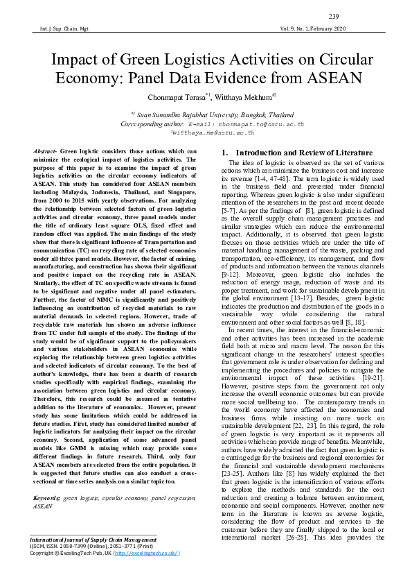 (PDF) Impact of Green Logistics Activities on Circular Economy: Panel ...