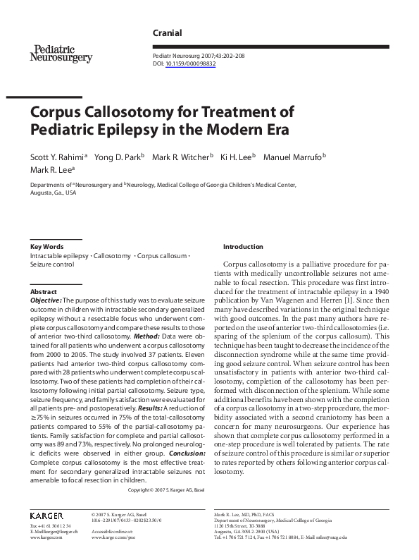(PDF) Corpus Callosotomy for Treatment of Pediatric Epilepsy in the ...