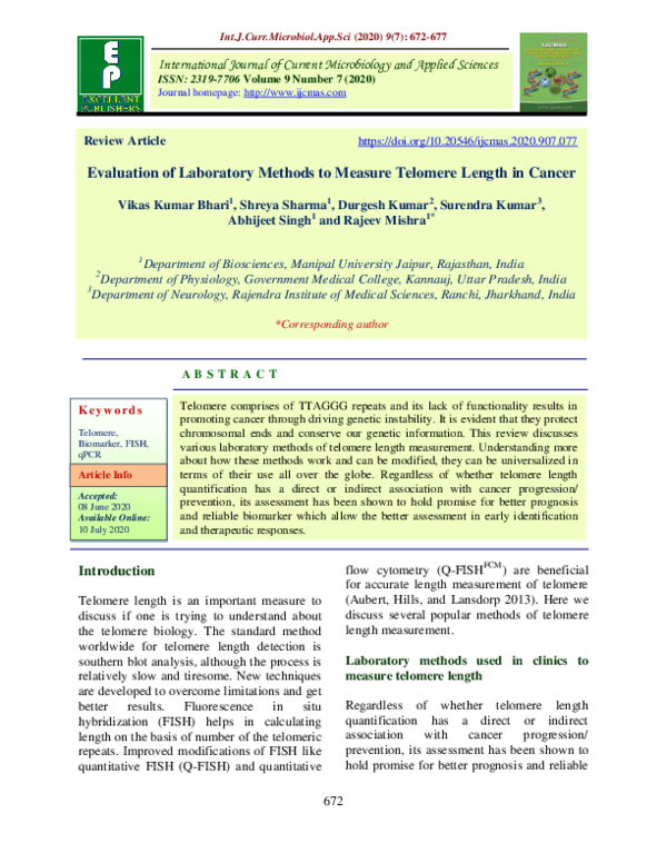 (PDF) Evaluation of Laboratory Methods to Measure Telomere Length in Cancer