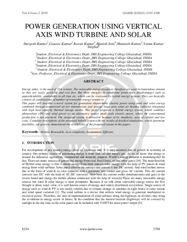 (PDF) Power Generation Using Vertical Axis Wind Turbine and Solar