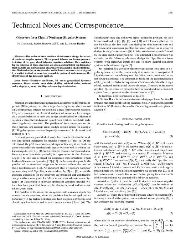 (PDF) Observers for a Class of Nonlinear Singular Systems