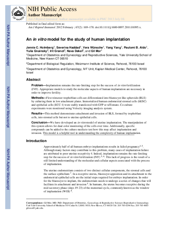 (PDF) An In Vitro Model for the Study of Human Implantation