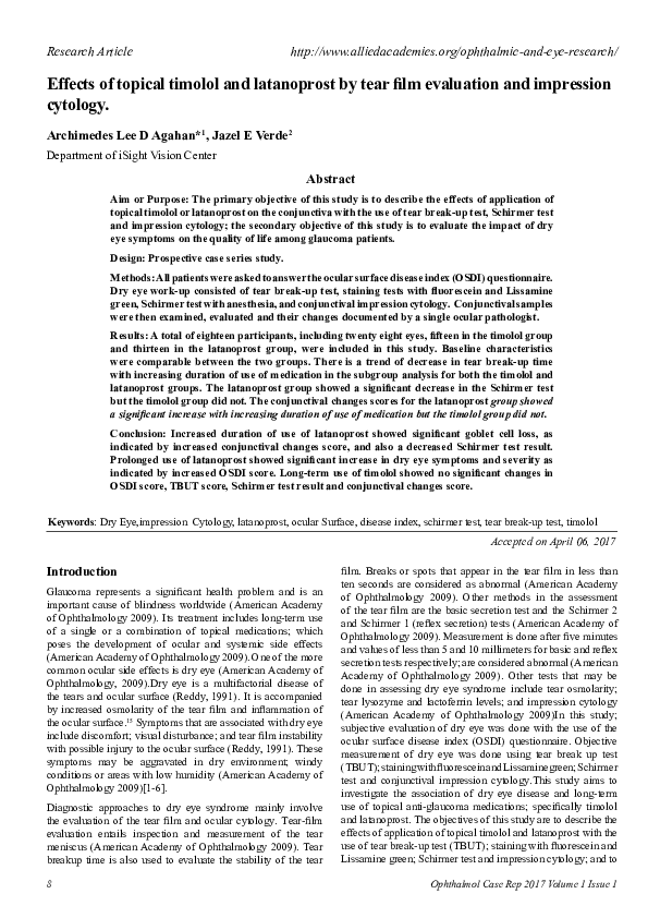 (PDF) Effects of Topical Timolol and Latanoprost by Tear Film ...