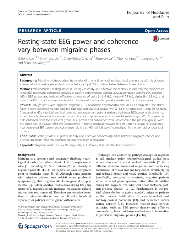 (PDF) Resting-state EEG power and coherence vary between migraine phases