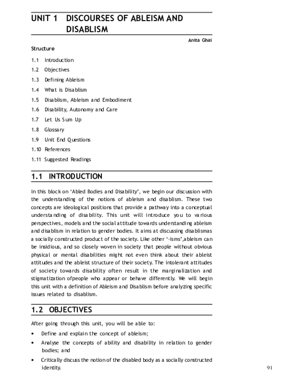 (PDF) Unit-1 Discourses Of Ableism And Disablism