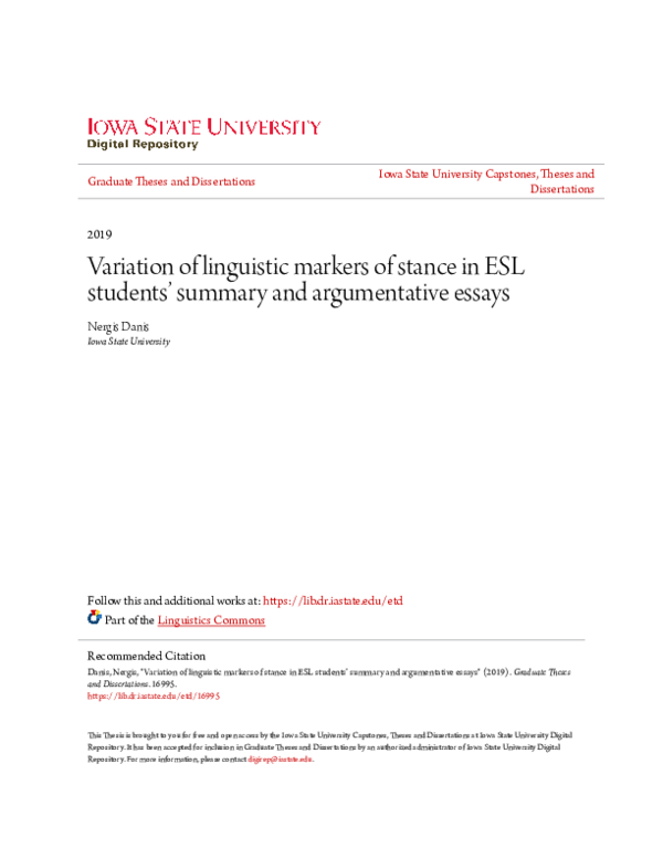 (PDF) Variation of linguistic markers of stance in ESL students ...