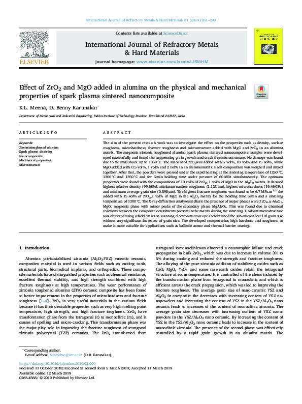 (PDF) Effect of ZrO2 and MgO added in alumina on the physical and ...