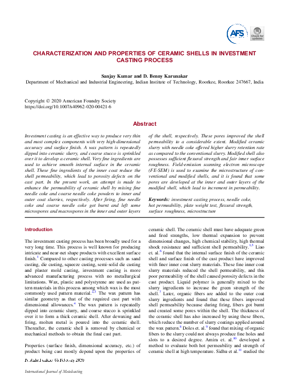 (PDF) Characterization and Properties of Ceramic Shells in Investment ...