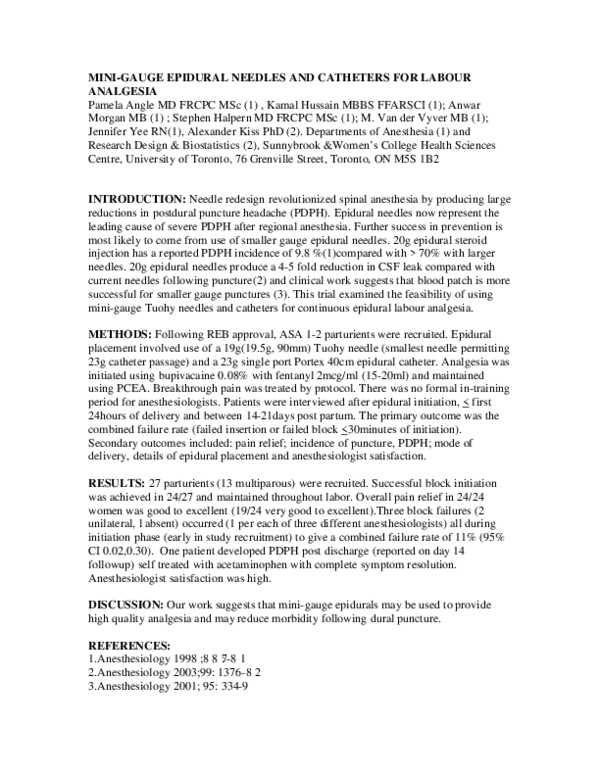 (PDF) Minigauge epidural needles and catheters for labour analgesia