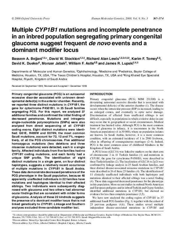 (PDF) Multiple CYP1B1 mutations and incomplete penetrance in an inbred ...