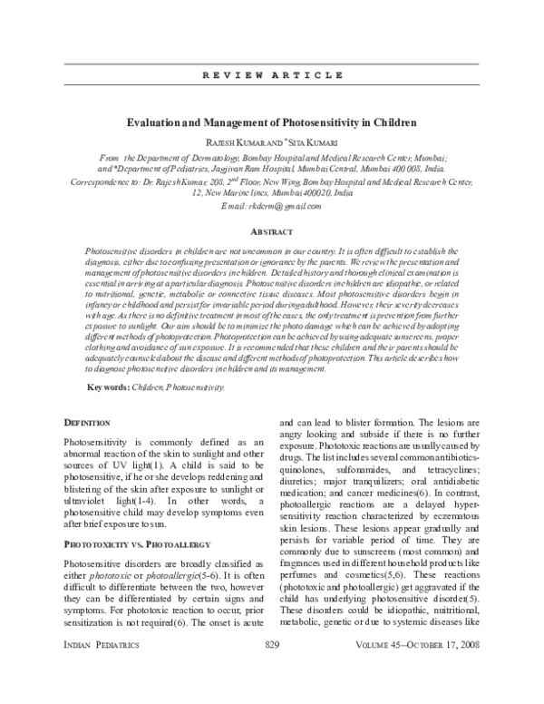 (PDF) Evaluation and management of photosensitivity in children