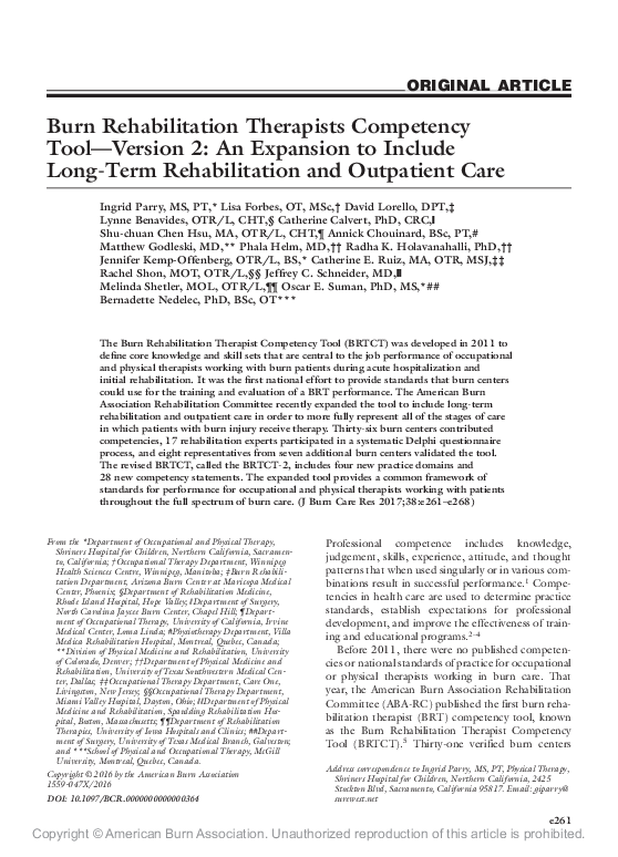 (PDF) Burn Rehabilitation Therapists Competency Tool—Version 2 Annick