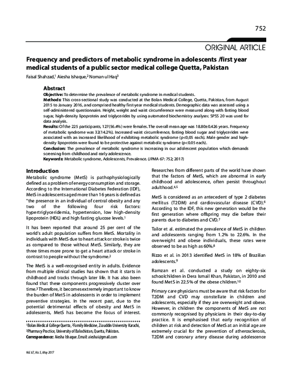 (PDF) Frequency and predictors of metabolic syndrome in adolescents ...