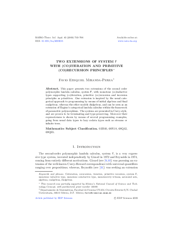 (PDF) Two extensions of system F with (co)iteration and primitive (co ...