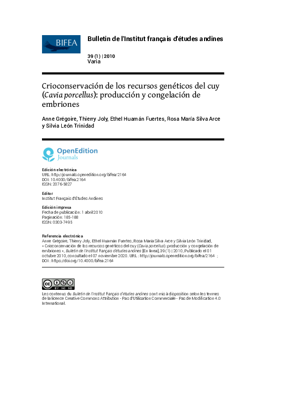 (PDF) Crioconservación de los recursos genéticos del cuy (Cavia ...