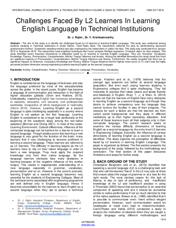 (PDF) Challenges Faced By L2 Learners In Learning English Language In ...