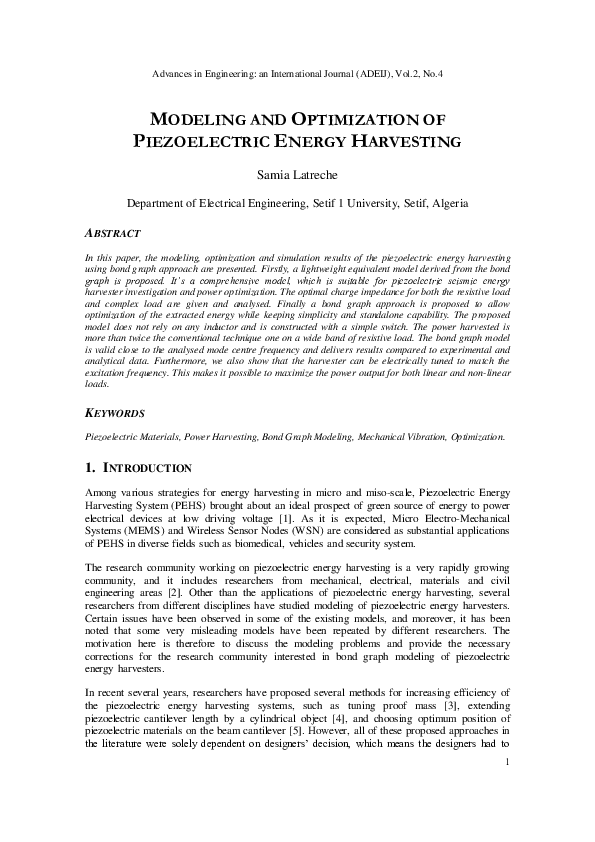 (PDF) Modeling and Optimization of Piezoelectric Energy Harvesting