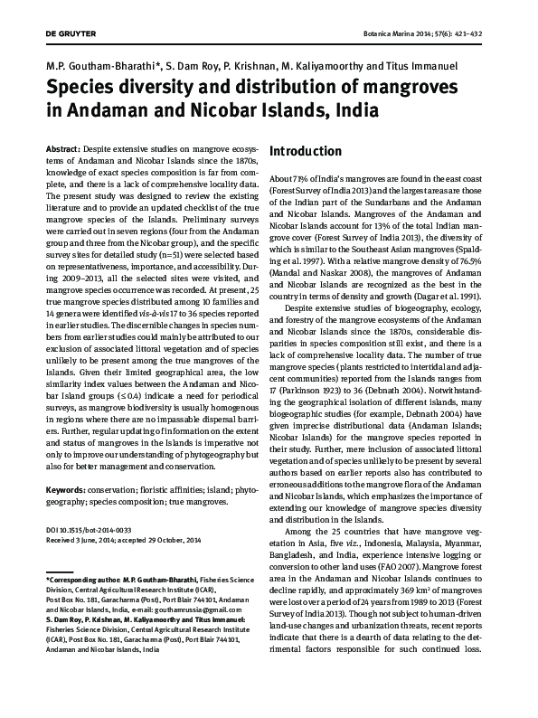 (PDF) Species diversity and distribution of mangroves in Andaman and ...