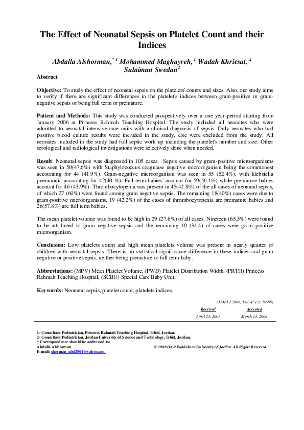 (PDF) The Effect of Neonatal Sepsis on Platelet Count and their Indices